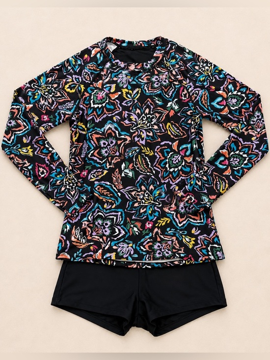 Daci Other - Daci Floral Rash Guard Swim Set Long Sleeve w/ Shorts Black Multicolor E146